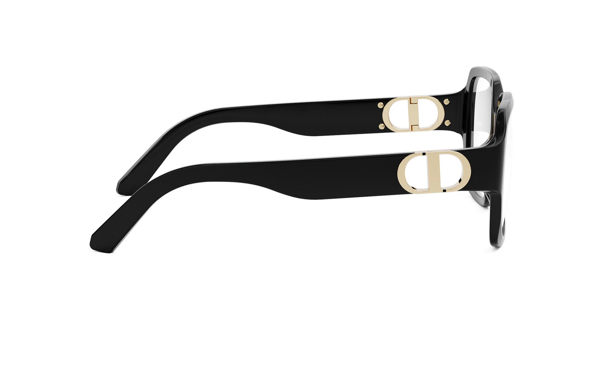 A pair of black-framed glasses with gold-colored Dior logos on the temples.