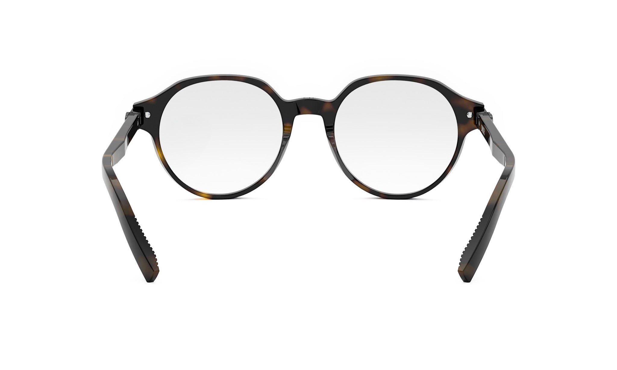 A pair of round-framed glasses with dark brown temples and clear lenses.