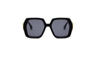 A pair of black, square-framed sunglasses with gold accents.