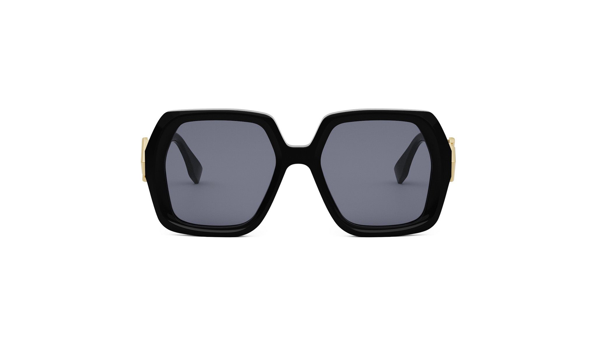 A pair of black, square-framed sunglasses with gold accents.