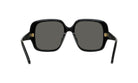 A pair of black sunglasses with dark lenses.