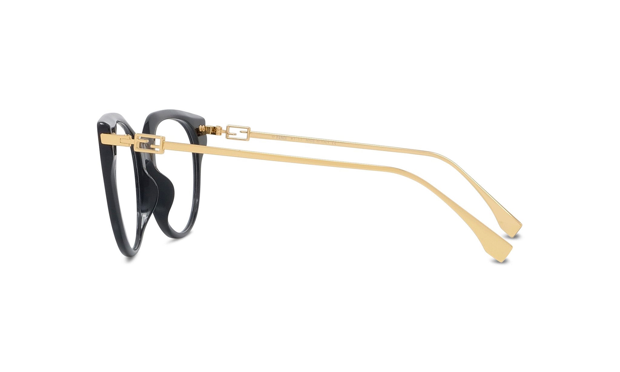 A pair of black-framed glasses with gold-colored arms and temples.