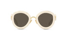 A pair of white, round sunglasses with dark lenses.