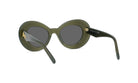 A pair of dark green, round sunglasses with a gold-colored frame.