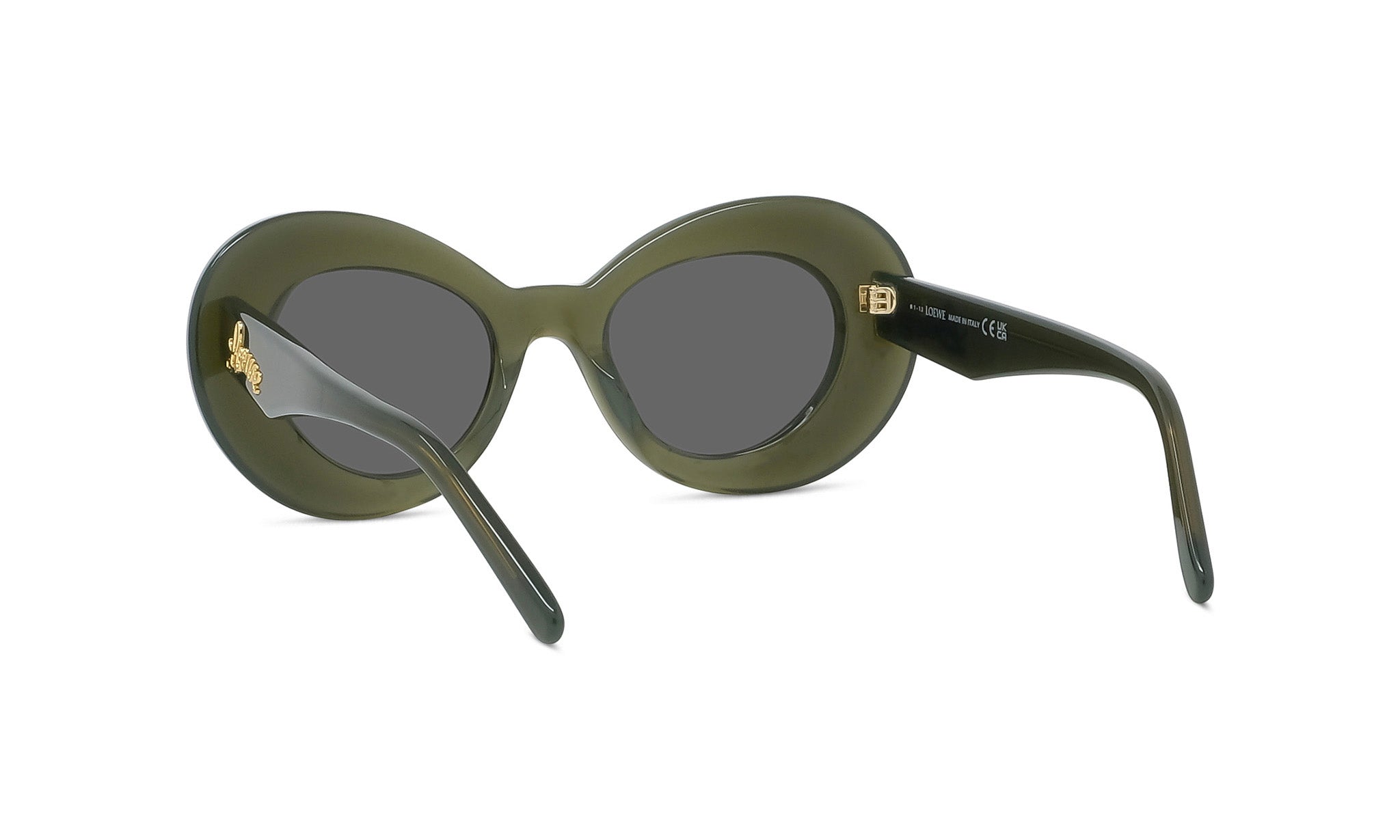 A pair of dark green, round sunglasses with a gold-colored frame.