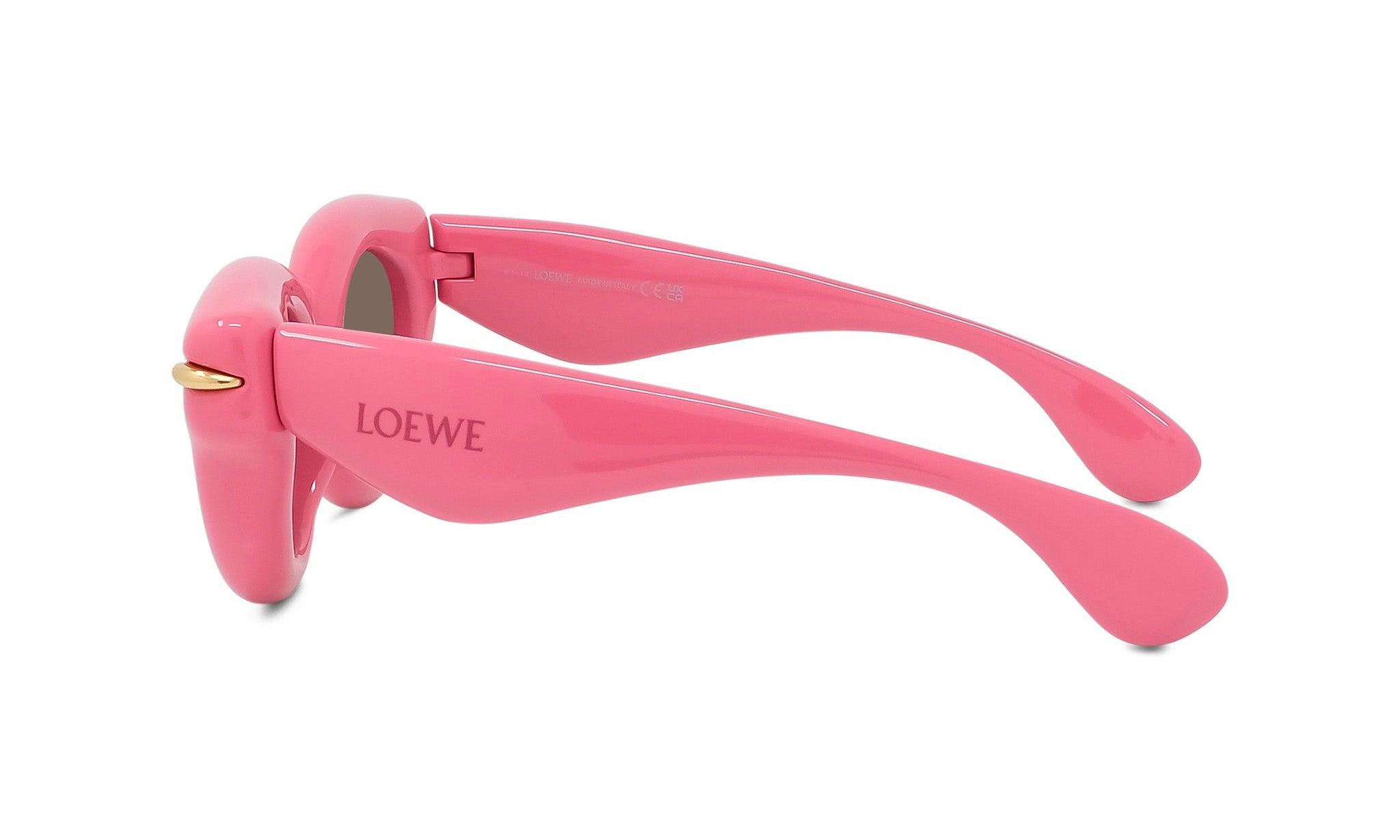 A pair of pink sunglasses with the LEWE brand name visible on the frame.