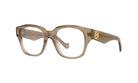 A pair of stylish, brown-framed glasses with a gold-colored accent detail on the side.