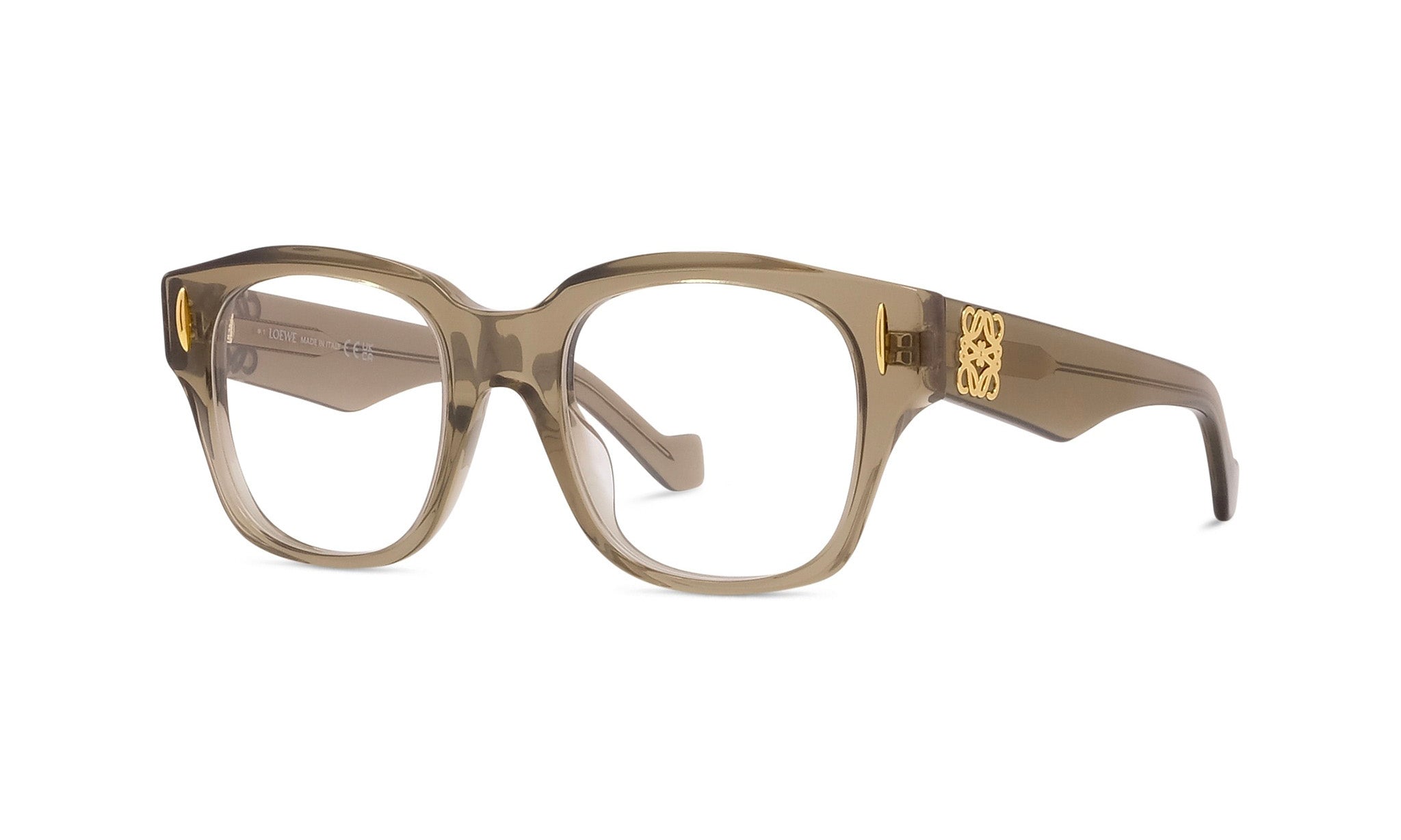 A pair of stylish, brown-framed glasses with a gold-colored accent detail on the side.