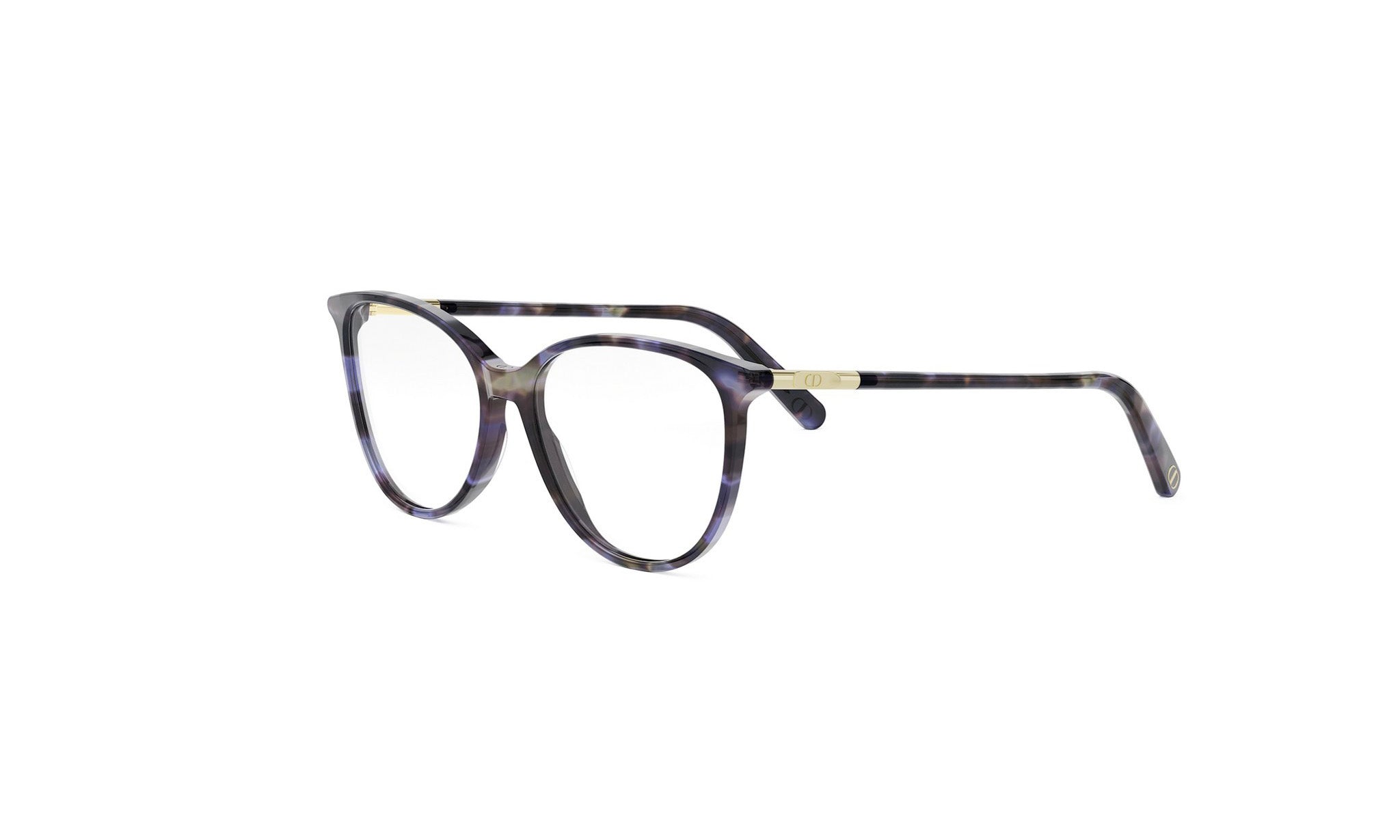 A pair of stylish, tortoiseshell-framed glasses with a dark blue and black color scheme.