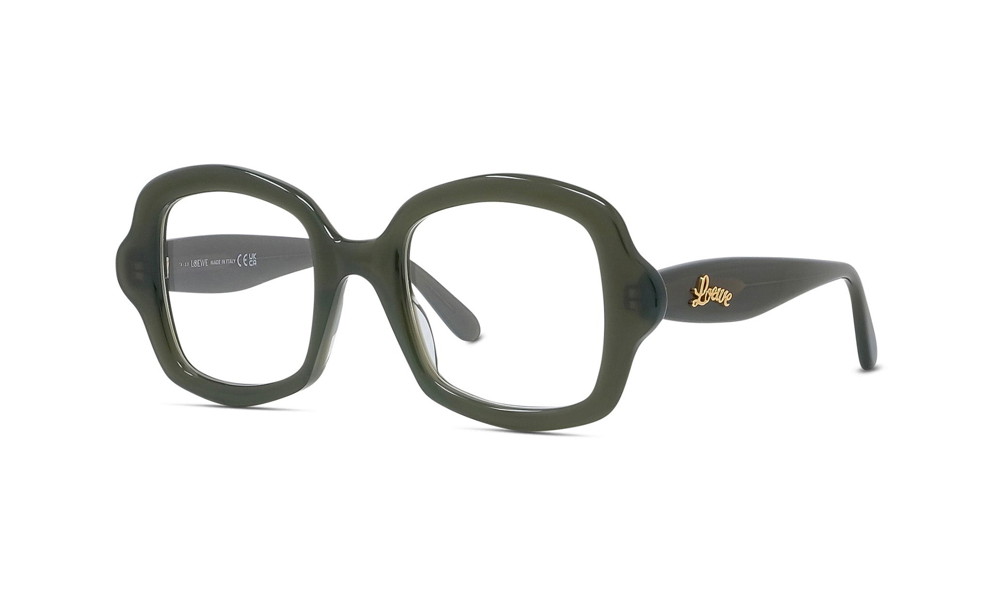 A pair of dark green, oversized glasses with a gold logo on the frame.