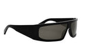 A pair of black sunglasses with dark lenses.