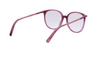 A pair of purple-framed glasses with clear lenses, positioned in a way that allows the viewer to see the back of the glasses.