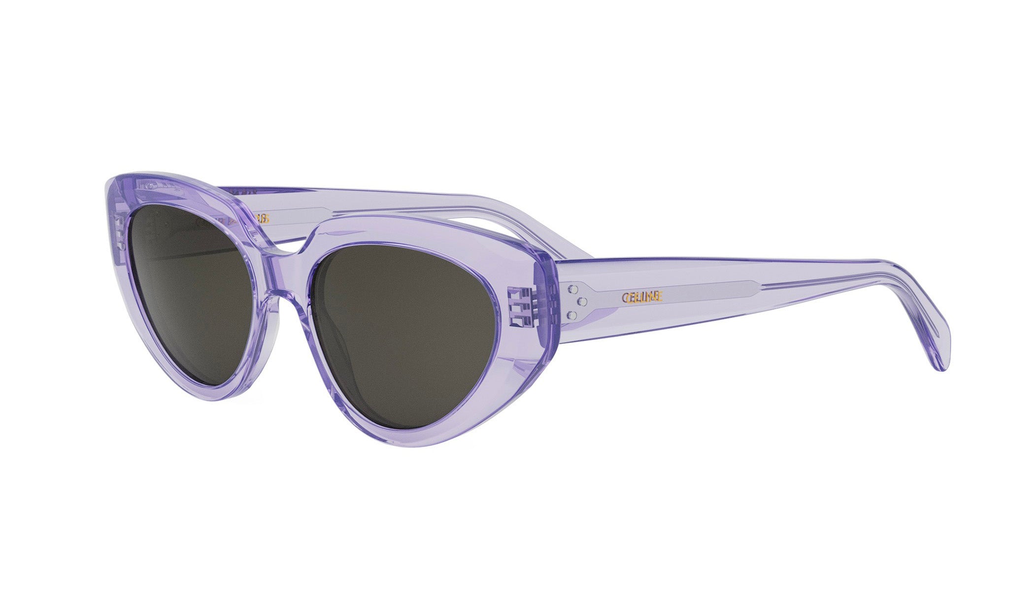 A pair of purple cat-eye sunglasses with dark lenses.