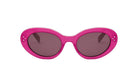 A pair of pink oval-shaped sunglasses with dark lenses.