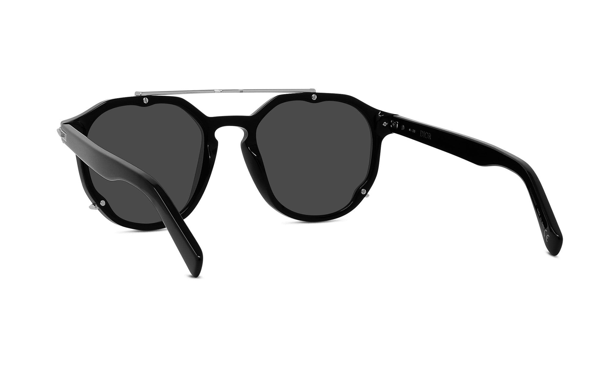 A pair of black sunglasses with a silver frame.